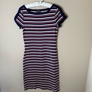 LRL Ralph Lauren Jeans Co Midi Dress Womens Medium Navy Cream Stripe Bodycon